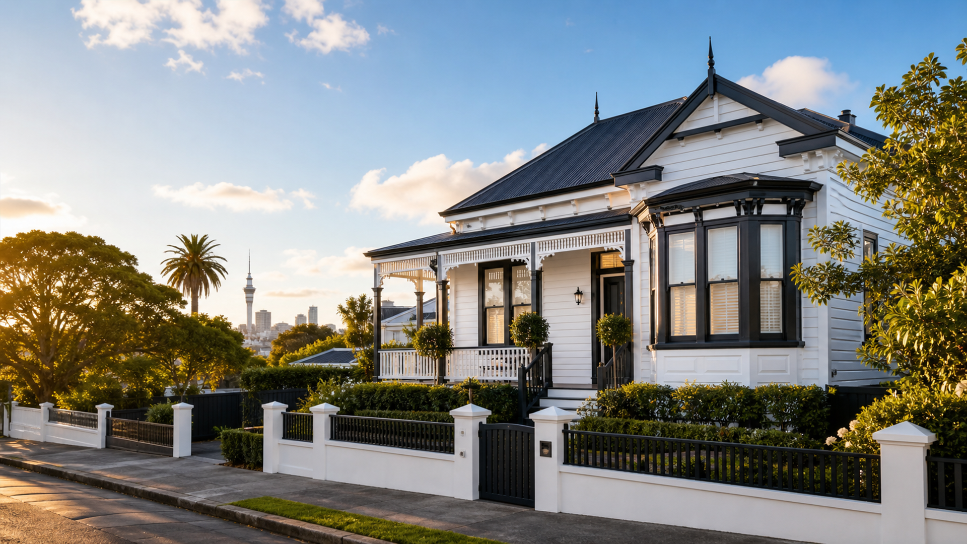 Restored white heritage villa with dark trim in Auckland at golden hour